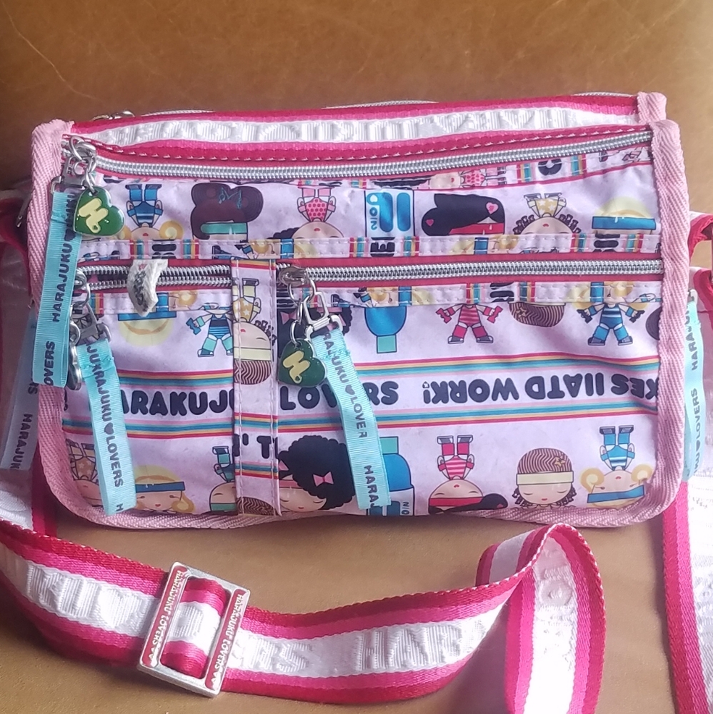 Vintage Harajuku Lovers Pink Graphic Crossbody Shoulder Bag W/ Enameled Charms